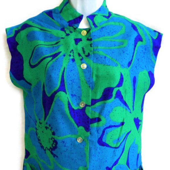 Vintage 60s Sun Fashion of Hawaii Tunic Mod Blue Mandarin Band Collar Bark Cloth - Picture 5 of 10